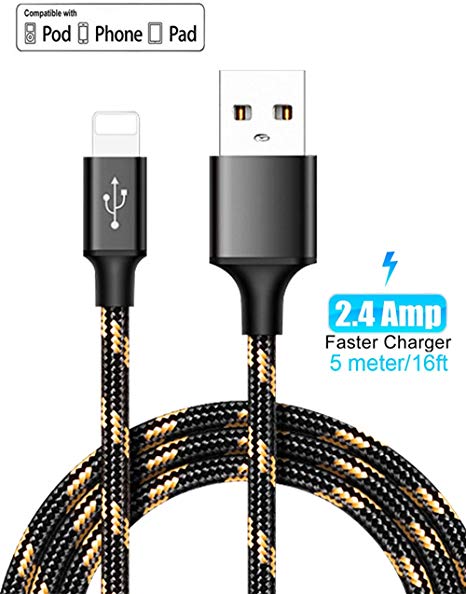 Phone Charger Cable, Bofuler Lightnning Cable Charging Cord 16FT/5M Nylon Braided High Speed Connector Data Sync Transfer Cable Compatible with Phone XS/MAX/XR/X/8/7/6/Pad and More