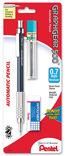 Pentel Drafting Kit with  Graph Gear 500 Automatic Drafting Pencil, 0.7mm, Blue Barrel, Lead and Mini Eraser (PG527LEBP)