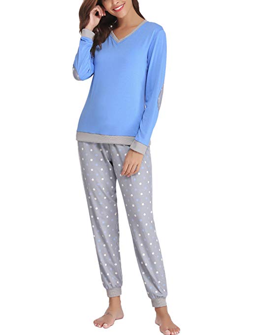 Hawiton Women's Cotton Long Sleeve Pajamas Set Sleepwear Dot Pattern Bottom Lounge Nightgowns