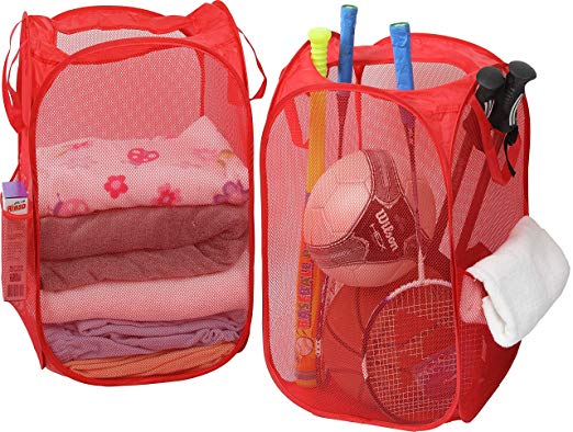 2 Pack - SimpleHouseware Mesh Pop-Up Laundry Hamper Basket with Side Pocket, Red