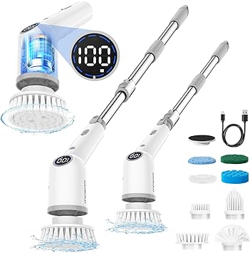 MoKo Electric Spin Scrubber, Cordless Cleaning Brush up to 490 RPM with Power Display, 9 Replaceable Brush Heads, Long Adjustable Extension Handle, Electric Shower Scrubber for Shower Bathroom Tub