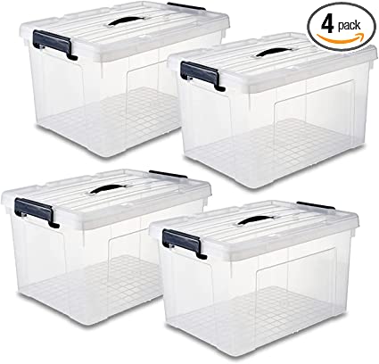 Lifetime Appliance (4 Pack) 70 Qt. [UPGRADED] Plastic Storage Bin Tote Organizing Container with Ultra Durable Lid and Secure Latching Buckles, Stackable, Extra Strength Clear with Black Handle