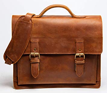 HIDES Leather Briefcase, Full Grain Leather Messenger Bag, 14" Laptop Crossbody Travel Satchel Includes (Distressed Brown)