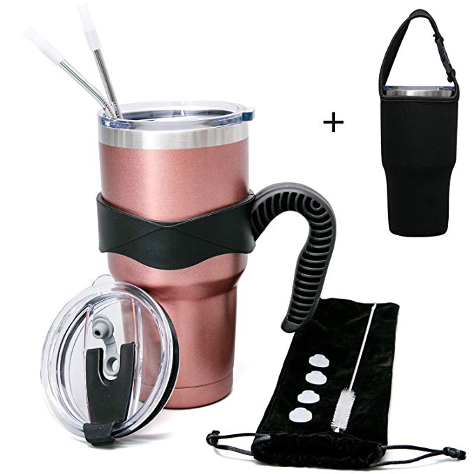 30 oz Tumbler Stainless Steel Vacuum Insulated Tumbler,Removable Handle | Sliding & 2 Lid,2 Straws(include Silicone Tips) & Cleaning Brush,And Adjustable Length Cup Bag
