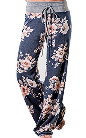 Angashion Women's High Waist Casual Floral Print Drawstring Wide Leg Pants