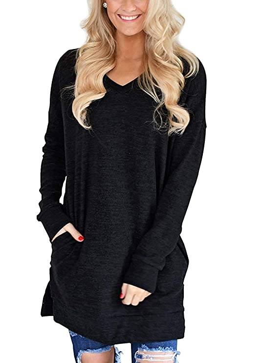 LERUCCI Womens Casual Long Sleeves Solid V-Neck Tunics Shirt Tops with Pockets