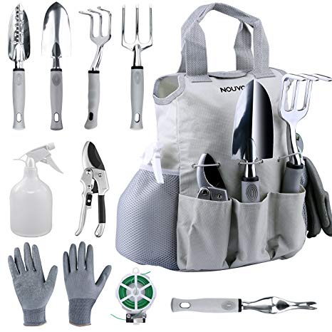 NOUVCOO Upgraded Garden Tool Set with Plant Ties,10 Pieces Stainless Steel Hand Tool Kit,Durable Storage Tote Bag,Pruner,Shovel,Fork,Rake,Shears,Weeder,Gloves,Water Sprayer,Plant Ties NC24