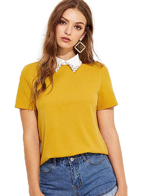 Romwe Women's Cute Contrast Collar Short Sleeve Casual Work Blouse Tops