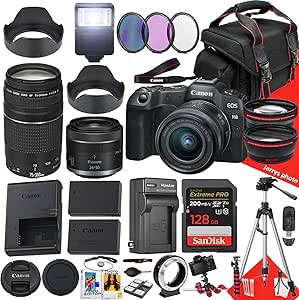 Canon EOS R8 Mirrorless Camera with 24-50mm and 75-300mm Lens   128 GB Memory   Hood   Spare Travel Charger   Filters   Tripod   More (32pc Bundle), Black (Renewed)