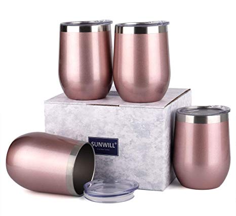 SUNWILL Insulated Wine Tumbler with Lid Rose Gold 4 pack, Double Wall Stainless Steel Stemless Insulated Wine Glass 12oz, Durable Insulated Coffee Mug, for Champaign, Cocktail, Beer, Office