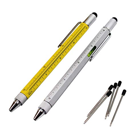 2PCS PACK 6 in 1 Screwdriver Tool Pen - Mini Multifunction Pen with Stylus, Flat and Phillips Screwdriver Bit, Bubble Level and inch cm Ruler all in one (Yellow & Silver)