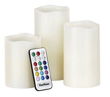 VonHaus Electric Candles - 3 x Flameless Battery Operated Real Wax Pillars - 12 LED Color Settings, Remote Control & Timer (Ivory Color)