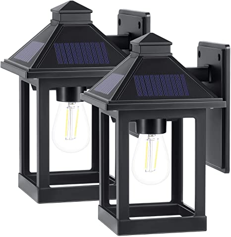 2 Pack Solar Motion Sensor Outdoor Wall Lanterns, Dusk to Dawn Decorative Solar Porch Light, Waterproof Wall Sconce Light Fixtures Wall Mount with No Wiring Required (Warm White)