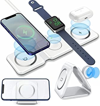 3 in 1 Wireless Charging Station, LIONAL 15W Foldable Wireless Charger Magnetic Fast Wireless Charging Pad Mat for iPhone 14/13/12/11, Apple Watch, AirPods/AirPods Pro (White)