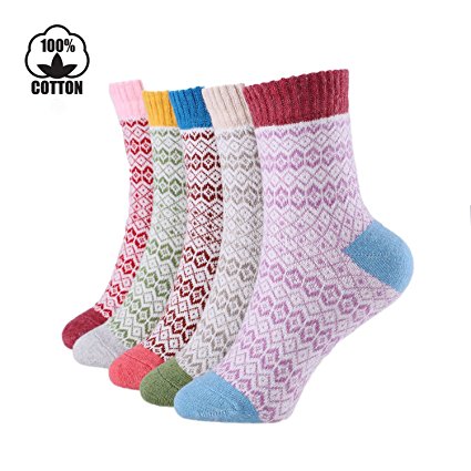 5 Pairs Winter Warm Cotton Ladies Women Socks Knitting Pure Vintage Floor Sock Bed Socks UK(4~6) EU(35-42)