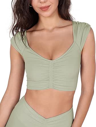 ODODOS Ruched Front Crop Tank for Women V-Neck Cut Out Back Cap Sleeve Cropped Tops