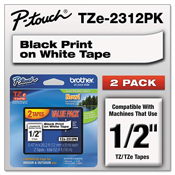 Brother P-Touch TZE2312PK TZe Standard Adhesive Laminated Labeling Tapes 1/2"w, Black on White, 2/PK