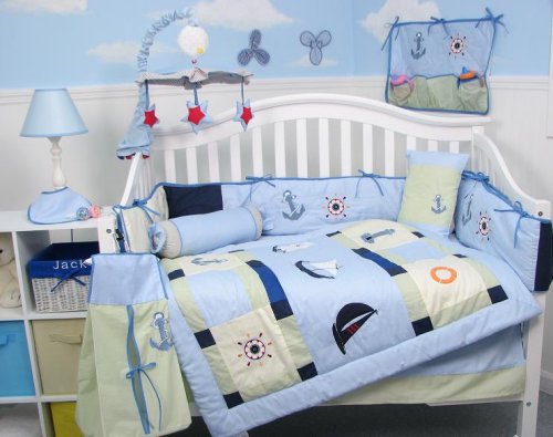 SoHo Baby Sailboat Baby Crib Nursery Bedding Set 13 pcs included Diaper Bag with Changing Pad & Bottle Case