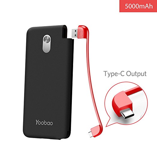 Portable Charger with Built-in Type-C Yoobao S5K 5000mAh External Battery Cable Charger Slim Travel Power Bank, Compatible for Android Phones Huawei Samsung etc-Black