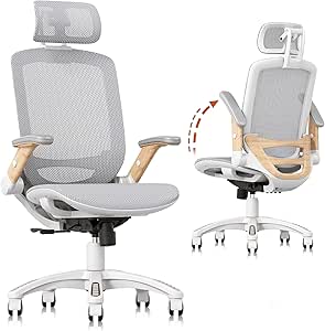 GABRYLLY Ergonomic Office Chair, High Back Home Desk Chair with Flip-Up Arms, Headrest, 90-120° Tilt and Wide Cushion, 400LBS White Mesh Chair for Work Gaming Study (GY01-NT, Woodgrain)