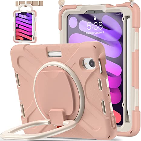 BATYUE iPad Mini 6 Case, iPad Mini 6th Generation Case with Apple Pencil Charging Pencil Holder/ 360° Swivel Stand/ Handle Grip/ Shoulder Strap, Shockproof Protective Rugged Case -- Rosegold