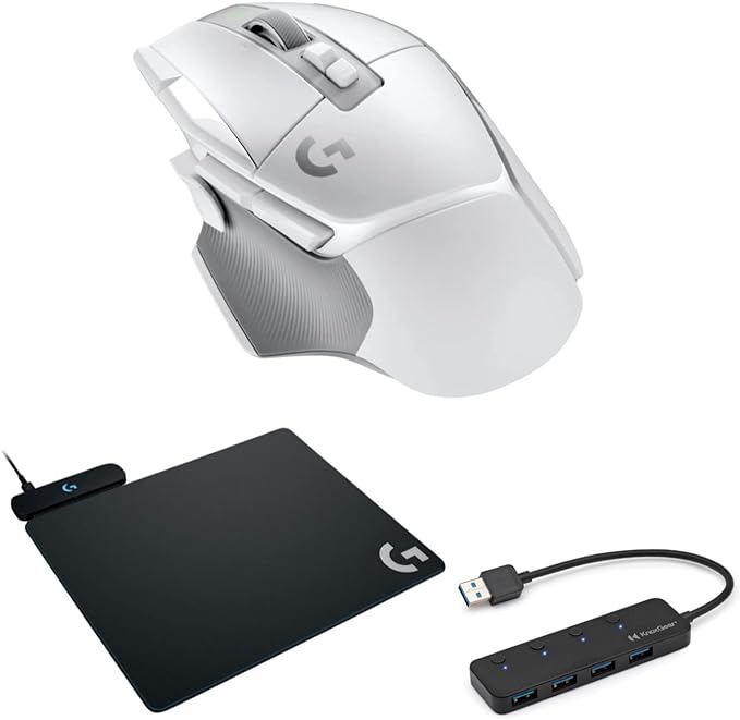 Logitech G502 X Lightspeed Wireless Gaming Mouse (White) Bundle with PowerPlay Wireless Charging System and 4-Port USB 3.0 Hub (3 Items)