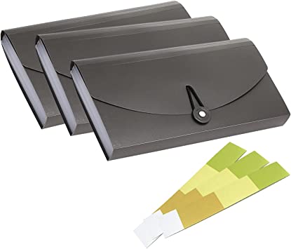 3pcs Expanding File Holder 13 Pockets Small Accordion Document Holder Plastic Check Receipt Coupon Ticket Bill Organizer (Dark Gray)