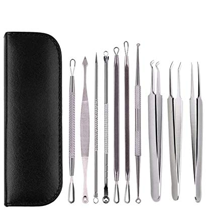 Gasea 10pcs Professional Blackhead Remover Tool Kit, Stainless Steel Pimple Comedone Extractor Tool for Whitehead Blemish Acne Curing Facial