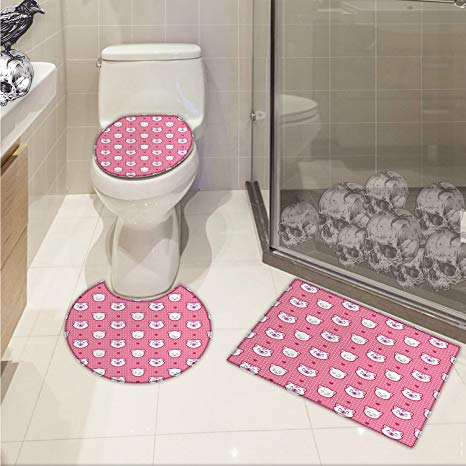 jwchijimwyc Cat 3 Piece large Contour Mat set Adorable Funny Kitten Faces Expressions Smiling Furry Cartoon Characters on Polka Dots 3D digital printing Pink White