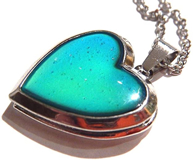 Glitter Heart Locket Mood Pendant on Silvertone Chain Necklace Color-Changing thermochromic