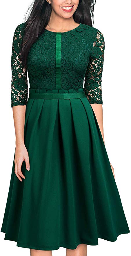 MISSMAY Women's Vintage Half Sleeve Floral Lace Cocktail Party Pleated Swing Dress