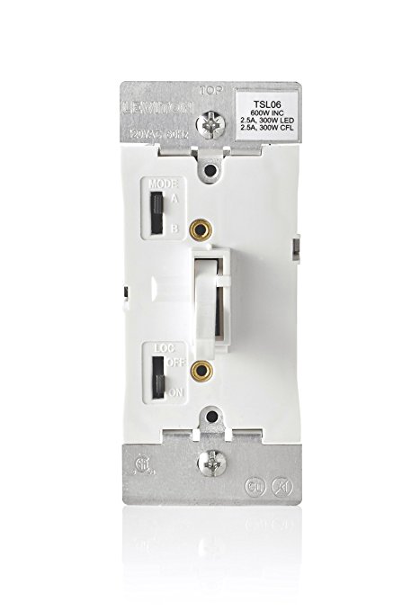 Leviton TSL06-1LW Toggle Slide Universal Dimmer, 300W Dimmable LED & CFL, 600W Incandescent & Halogen For Single Pole Or 3-Way, with Locator Light, White