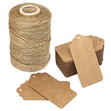 300 Feet Natural Jute Twine and 100PCS Brown Retangle Kraft Paper Gift Tags for Crafts & Price Tags Lables by Blisstime