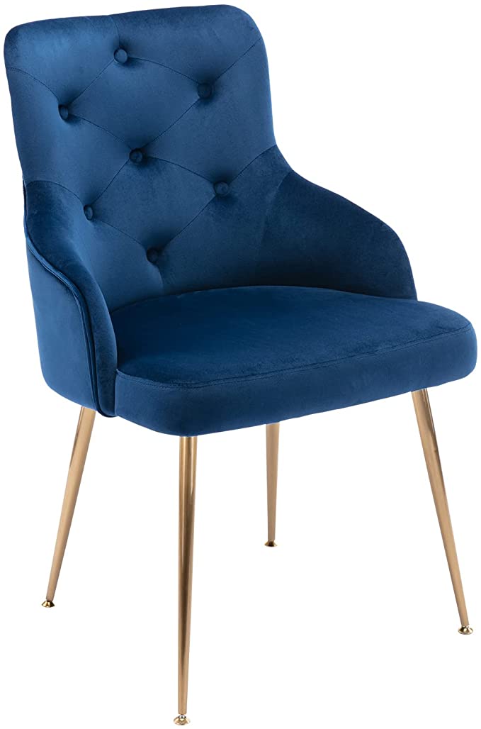 GOLDEN BEACH Velvet Dinning Chair with Gold Plating Legs Vanity Chair Tufted Mid-Back Accent Chair Modern Leisure Armchair Upholstered Living Room Chair (Blue)