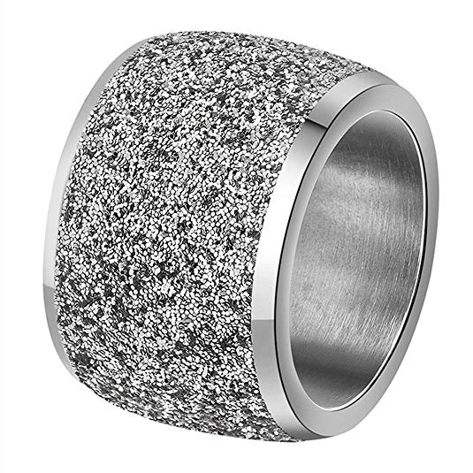 INRENG Women's Stainless Steel Ring Shiny Sequins Pave Sandblast Wide Wedding Band Silver, Rose Gold, Black