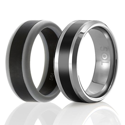 SOLEED Twins - Set of 2 - 1 Tungsten Wedding Band and 1 Silicone Rubber Wedding Ring For Men, Classic Style