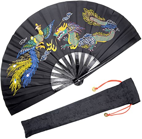 OMyTea Bamboo Large Rave Folding Hand Fan for Men/Women - Chinese Japanese Kung Fu Tai Chi Handheld Fan with Fabric Case - for Performance, Decorations, Dancing, Festival, Gift (Dragon & Phoenix)