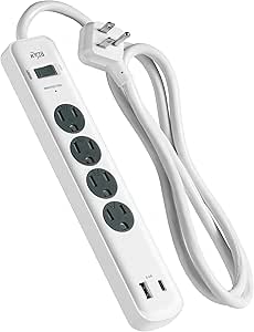 KMC 4-Outlet Surge Protector Power Strip, 1 USB-A & 1 USB-C Port, Power Strip Surge Protector, 840J Surge Protection, 5ft Extension Cord, 3-Prong Low-Profile Flat Plug, UL/ETL Certified, White