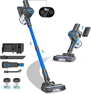 FABULETTA Cordless Vacuum Cleaner for Home, 400W Lightweight Vacuum Cleaner with MAX 47Min Detachable Battery, Brushless Motor, 6 in 1 Stick Vacuum for Hardwood Floors and Carpet Pet Hair Car（Blue）