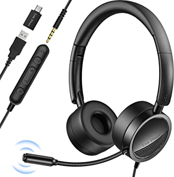 Link Dream USB Headset with Microphone Noise Cancelling for PC Laptop In-Line Audio Mute Control Office Headset Wired Call Center Headset for Zoom, Skype, Webinar, Meeting, Home(Provide USB-C Adapter)