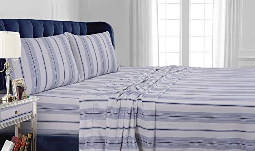 Tribeca Living 200 GSM Stripe Printed Deep Pocket Flannel Sheet Set, Queen, Blue