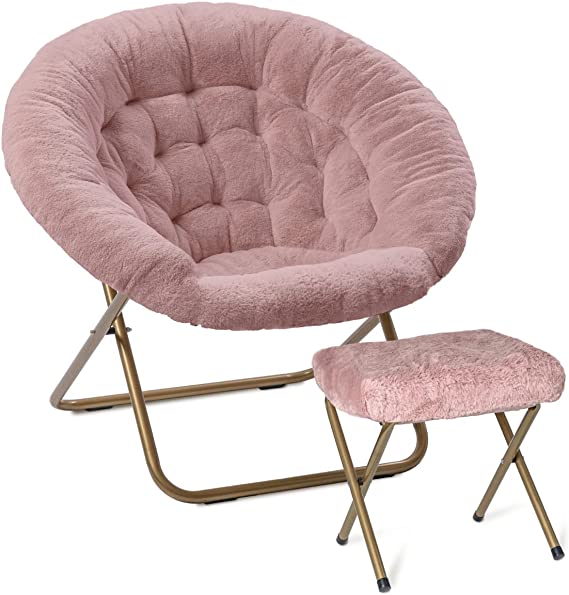 Milliard Cozy Chair with Footrest Ottoman/Faux Fur Saucer Chair for Bedroom/X-Large (Pink)