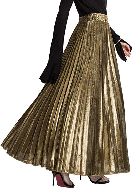 Chartou Women's Premium Metallic Shiny Shimmer Accordion Pleated Long Maxi Skirt