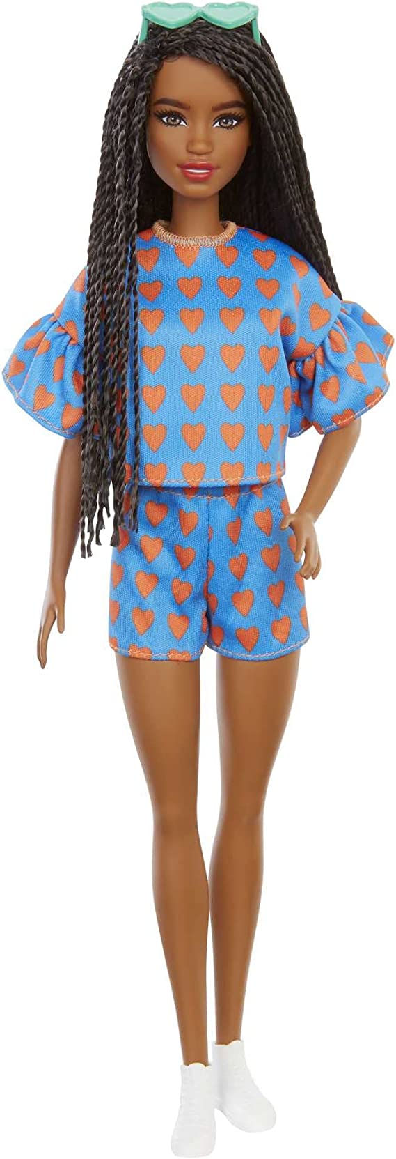 Barbie Fashionistas Doll # 172 , Heart Print Matching Top & Shorts & Twisted Hairstyle Toy for Kids 3 to 8 Years Old