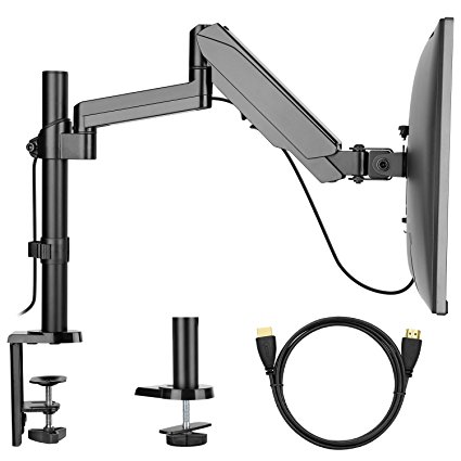 Single Arm Monitor Mount Stand, Fully Adjustable Desk VESA Mount with Clamp, Grommet Base, HDMI Cable for LCD LED Screens up to 32 inch, Gas Spring Articulating Full Motion Arm Holds up to 17.6lbs