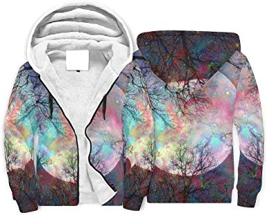 IOVEQG Male's Pullover Winter Hoodie Jacket Fleece Moon and Colorful Tree Coats