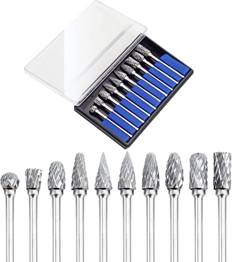 Carbide Burr Set, Tinpec Double Cut Cutting Burrs with 1/8" Shank & 1/4" Head, Tungsten Steel Die Grinder Bits for Woodworking, Drilling, Metal Carving, Engraving & Polishing – 10PCS