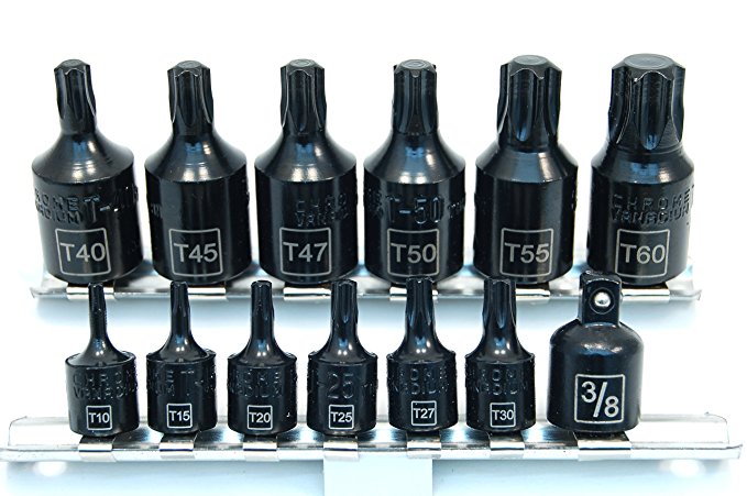 15pc Star Torx Torque Bit Socket Set, 3/8 and 1/4 Inch Drives, Sizes ST 10 - 60