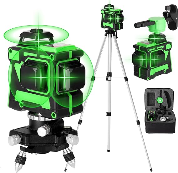 12 Lines Laser Level, Weytoll Laser Level Green 3D Self-Leveling Cross 12 Lines Laser Level with Rechargeable Li-ion Battery Base Stand Wall-Mounted Bracket Iron Board Carrying Bag Tripod Stand