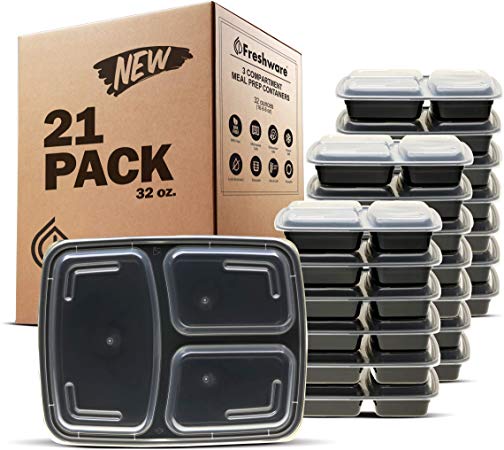 Freshware Meal Prep Containers [21 Pack] 3 Compartment with Lids, Food Storage Containers, Bento Box | BPA Free | Stackable | Microwave/Dishwasher/Freezer Safe, Portion Control, 21 Day Fix (32 oz)